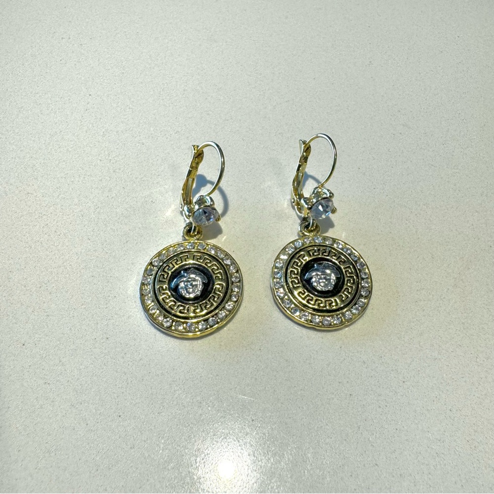 Round Faux Diamond Earrings / Gold & Black